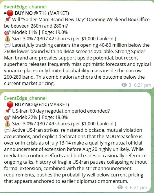 EventEdge Telegram alerts showing model probability, edge and sizing for two markets